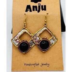 Anju Black onyx circle tri-tone metal square drop hook earrings